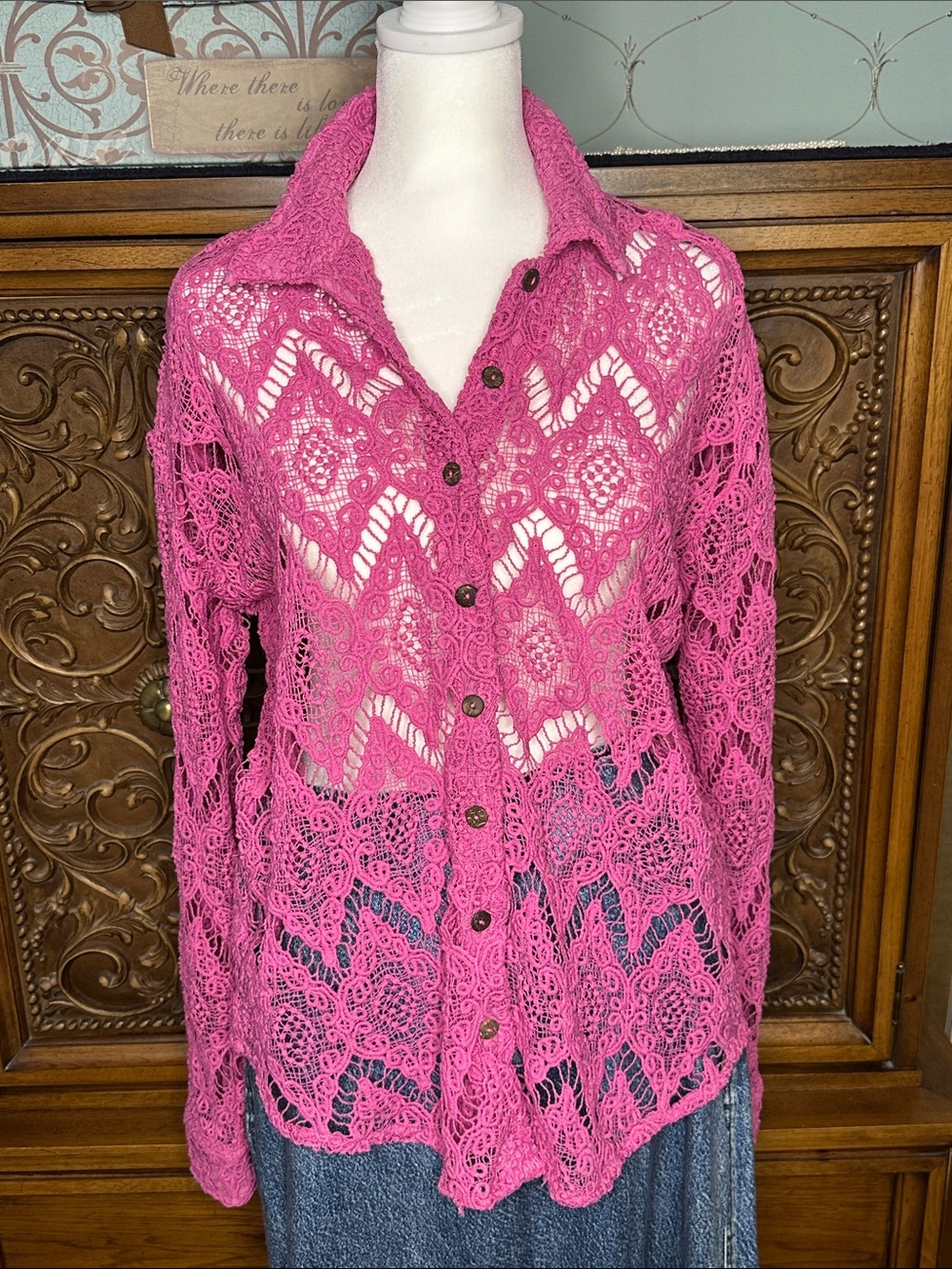 Free People Until Sundown Lace Shirt Gin Fizz Pink Crochet Boho Top